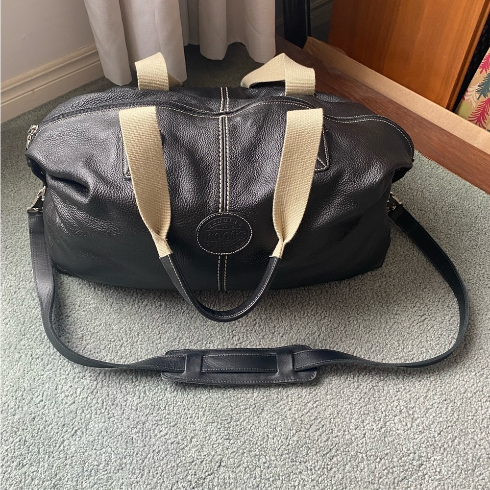 Roots Black Leather Travel Duffle with Cream Handles